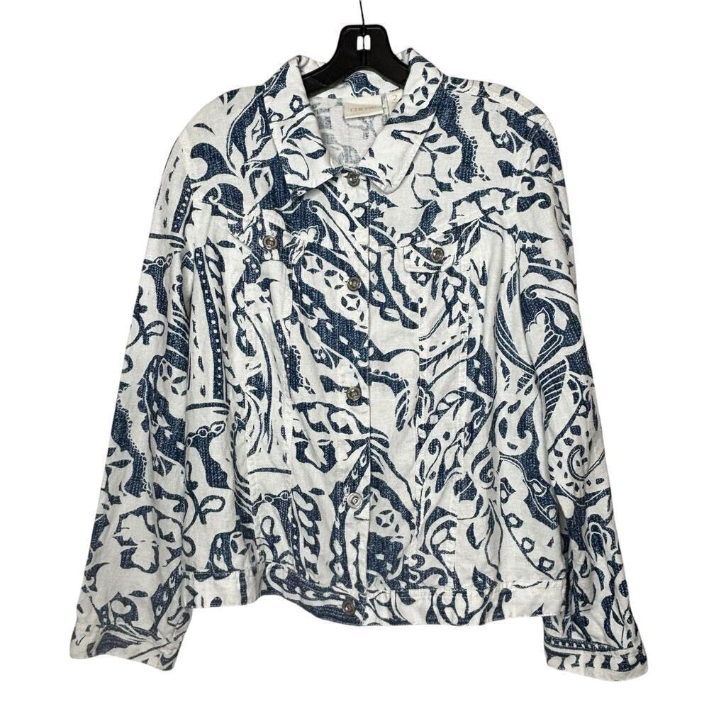 Chicos Linen Blue and White Summer Print Coastal Cowgirl Jacket Size Large